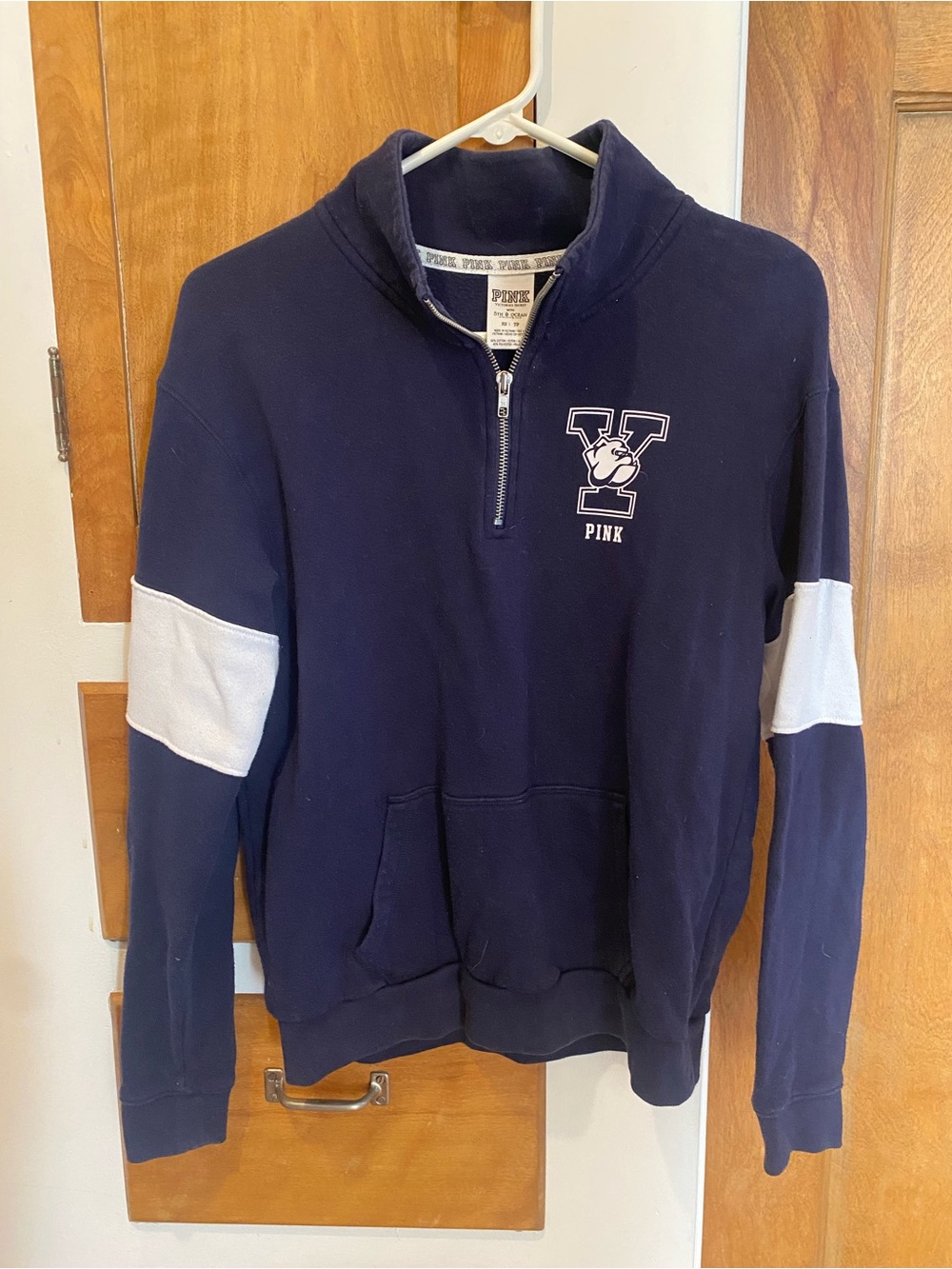 Yale Bulldogs PINK Victoria's Secret Quarter Zip, Navy and White, Sequins